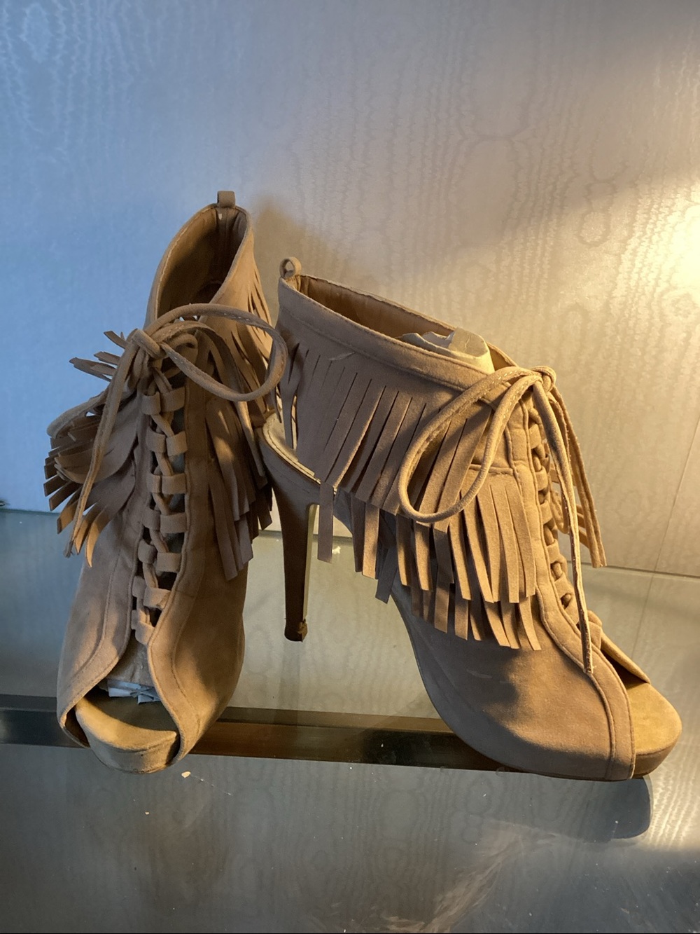 Fringed Suede Peep-Toe Ankle Boots in Tan